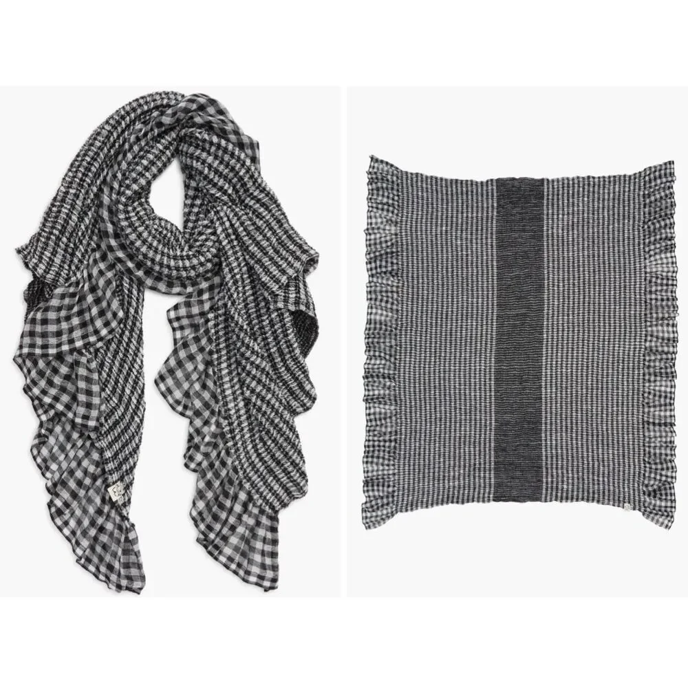 Ted Baker London Penny Gingham Frill Ruffle‎ Scarf black and white 40“ square
